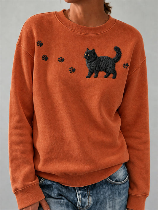 Damen schöne Fuzzy Black Cat & Paw Print Sweatshirt