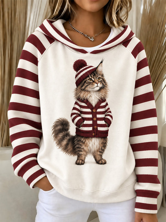 Damen niedliches Winter-Katzen-Print-Lässiges Langarm-Shirt