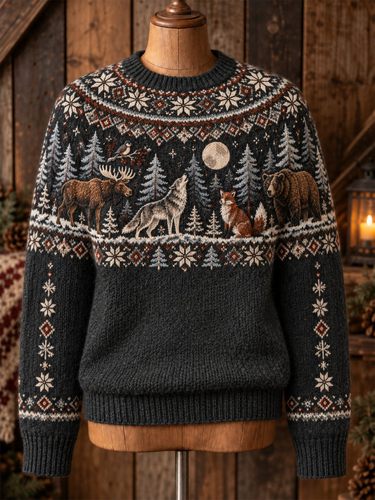 Langarm-Strick pullover für Damen mit nordischem Tier muster und Rundhals ausschnitt