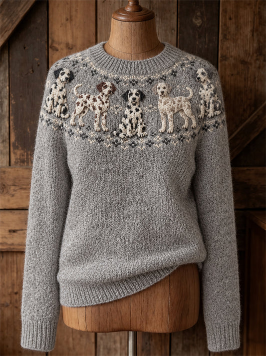 Damen Vintage Dalmatiner Hunde Yoke Isle Print Pullover mit Rundhals ausschnitt