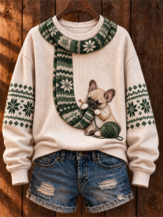 Frauen "Hund stricken einen Schal" Französische Bulldogge Art-Print Casual Pullover