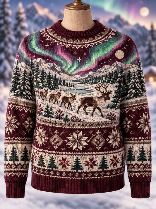 Damen-Strickpullover im nordischen Stil mit Tiermuster, Rundhalsausschnitt und langen Ärmeln