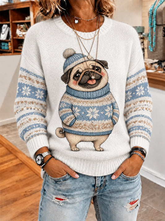 Damen niedlicher Winter hund Print Freizeit pullover