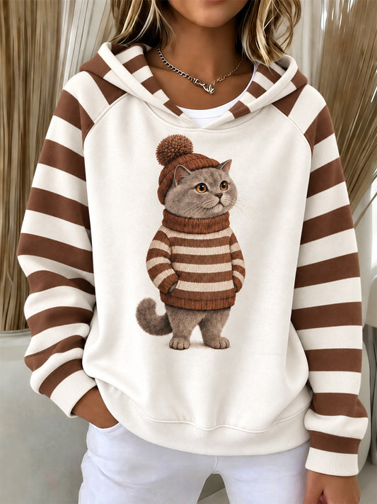 Damen-Lässiges Langarm-Shirt mit niedlichem Katzenmuster für den Winter