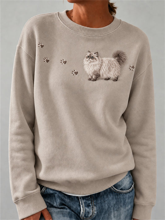Damen schöne Fuzzy Persian Cat & Paw Print Sweatshirt