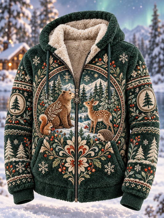 Herren-Kapuzenpullover mit Fleece-Futter und nordischem Waldtier-Design