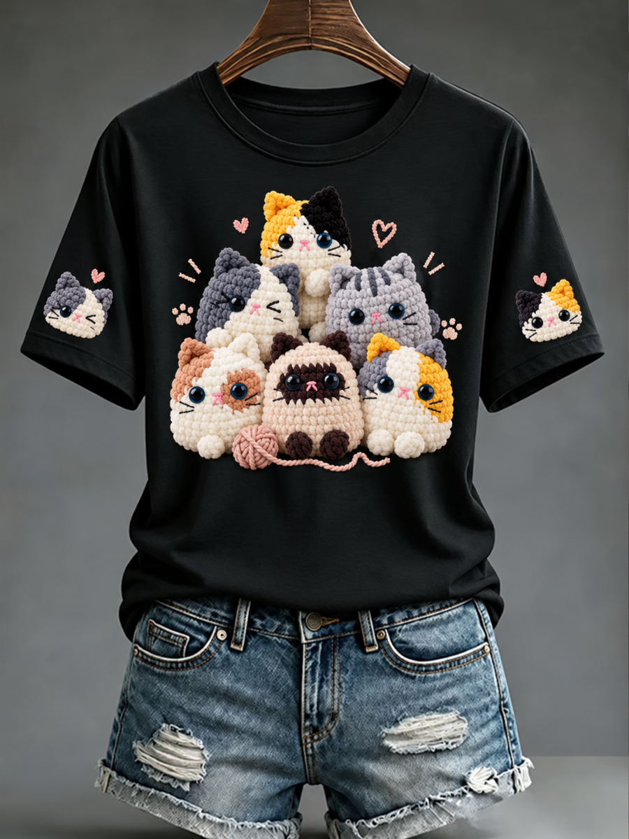 Kurzarm-T-Shirt mit süßem Katzen-Print für Damen