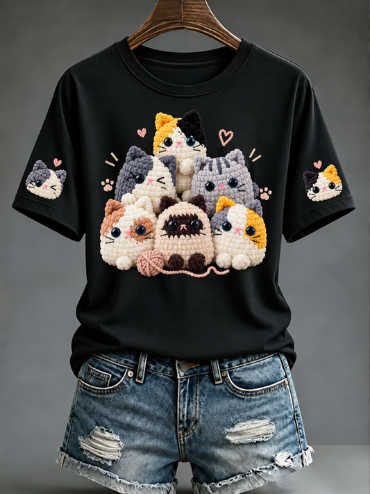 Kurzarm-T-Shirt mit süßem Katzen-Print für Damen