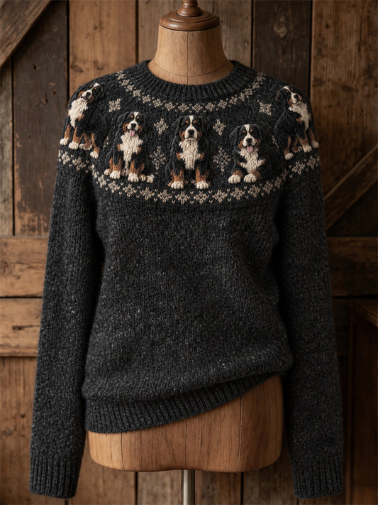 Damen Vintage Berner Mountain Dogs Yoke Isle Print Pullover mit Rundhals ausschnitt
