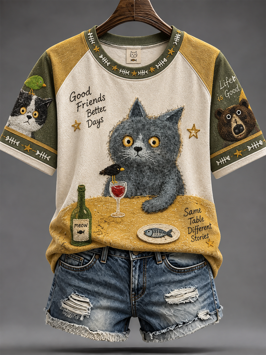 Damen-T-Shirt mit niedlichem Katzenmuster und kurzen Ärmeln