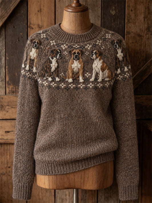 Damen Vintage Boxer Hunde Yoke Isle Print Pullover mit Rundhals ausschnitt