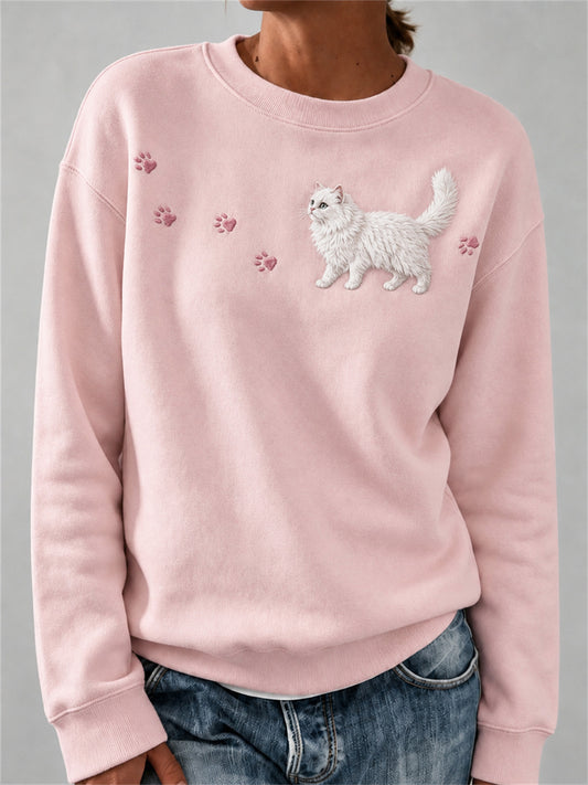 Damen schöne Fuzzy weiße Katze & Pfote Print Sweatshirt