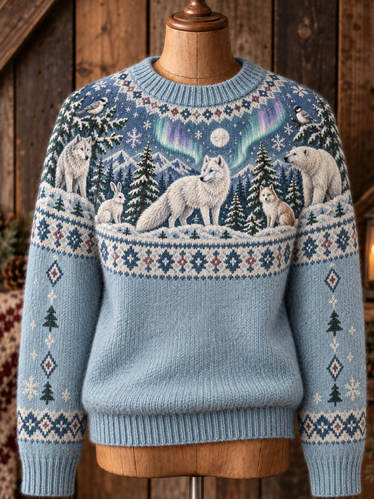 Damen-Strickpullover im nordischen Stil mit Tiermuster, Rundhalsausschnitt und langen Ärmeln