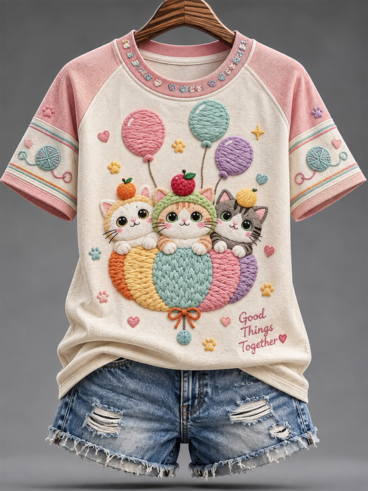 Damen-Kurzarm-T-Shirt mit süßem Katzen druck