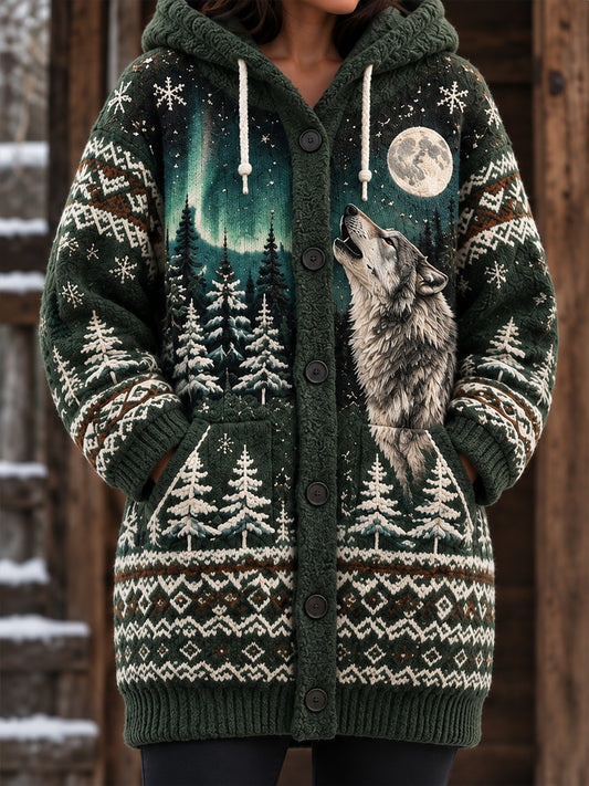 Damen Nordic Tier-Muster Mittellange Kapuzen jacke