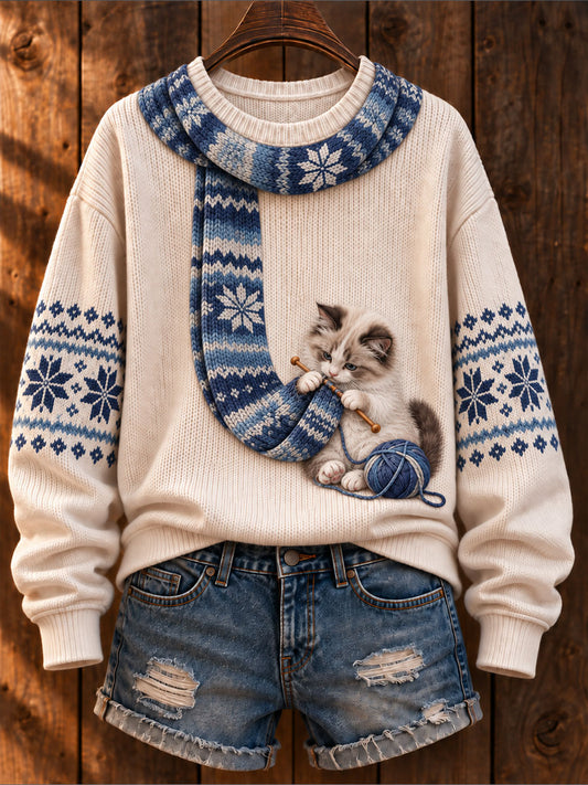 Frauen "Katze Stricken einen Schal" Ragdoll Cat Art-Print Casual Pullover
