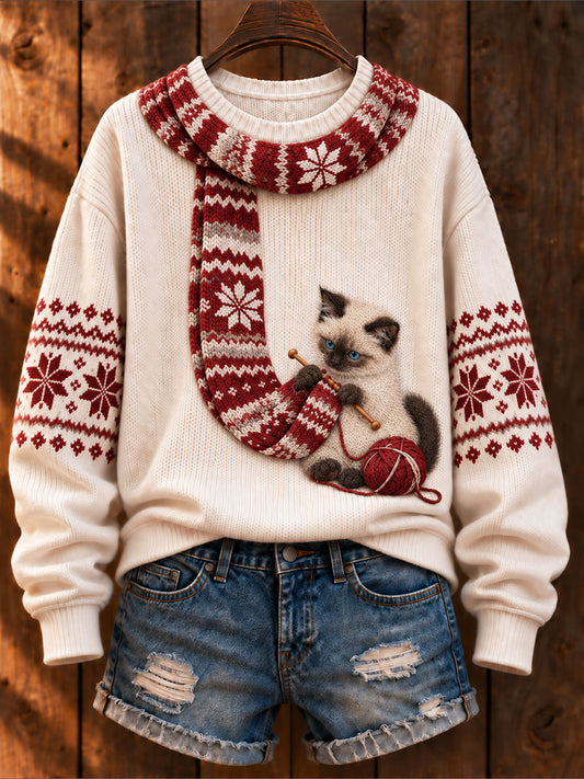 Siamesische Katzen-Kunstdruck-Casual-Pullover für Frauen "Katze Stricken einen Schal"