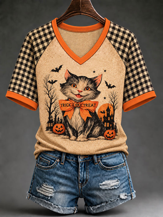 Damen Halloween Cat Art V-Ausschnitt Off-Schulter-T-Shirt mit kurzen Ärmeln