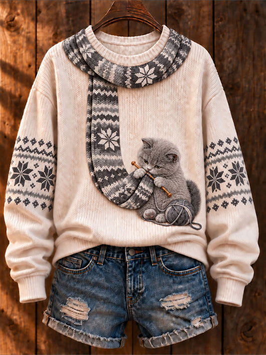 Britischer Kurzhaar-Kunstdruck-Casual-Pullover für Frauen "Katze stricken einen Schal"