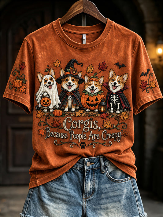 Frauen Corgis, weil Menschen gruselig sind Herbst Halloween Hunde drucken kurz ärmel iges T-Shirt
