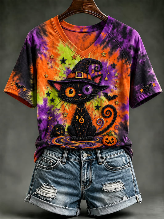 Damen-Halloween-T-Shirt mit Katzenmotiv, V-Ausschnitt und schulterfreiem Kurzarm-Design