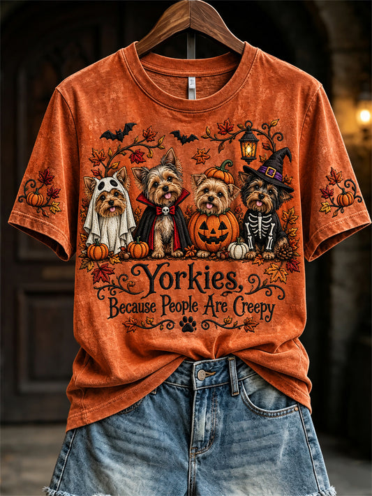 Frauen Yorkies, weil Menschen gruselig sind Herbst Halloween Hunde drucken kurz ärmel iges T-Shirt