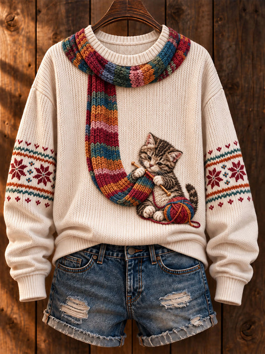 Damen "Katzen stricken einen Schal" Tabby Cat Art-Print Casual Sweater