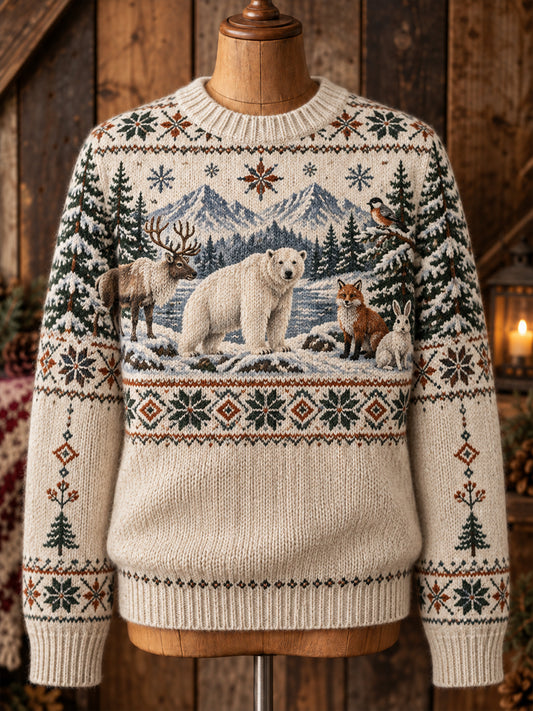 Damen-Strickpullover im nordischen Stil mit Tiermuster, Rundhalsausschnitt und langen Ärmeln