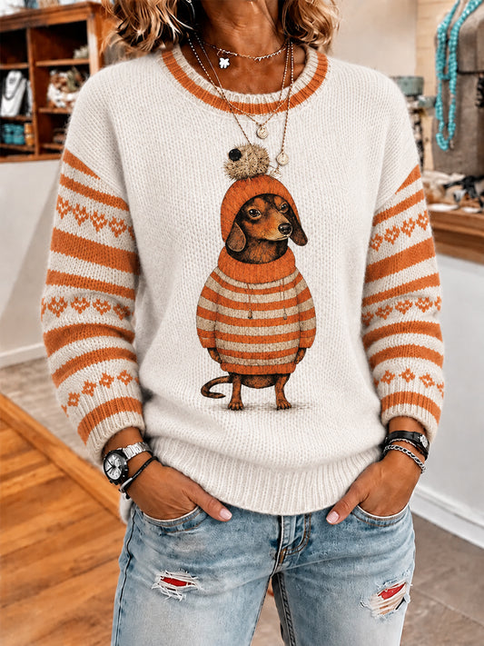 Damen niedliche Winter Dackel Print Casual Pullover