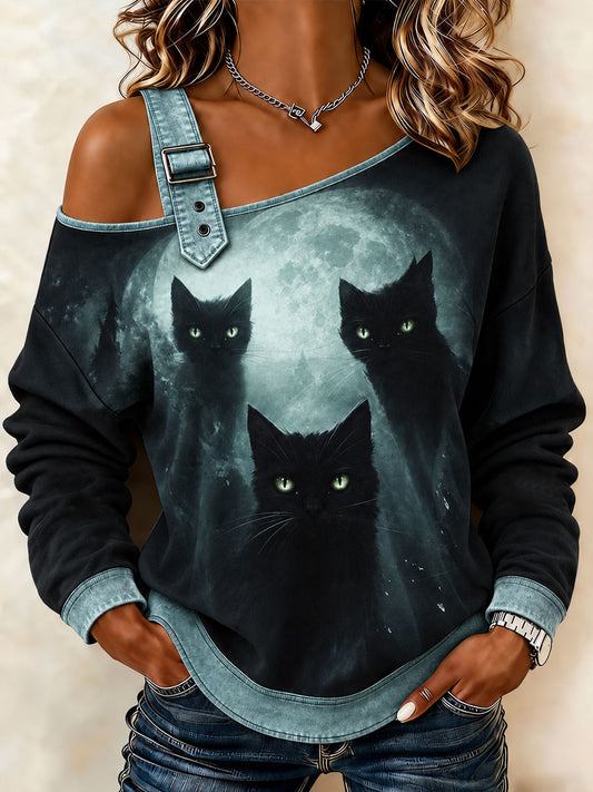 Halloween-Katzen kunst schulter freies Sweatshirt für Frauen