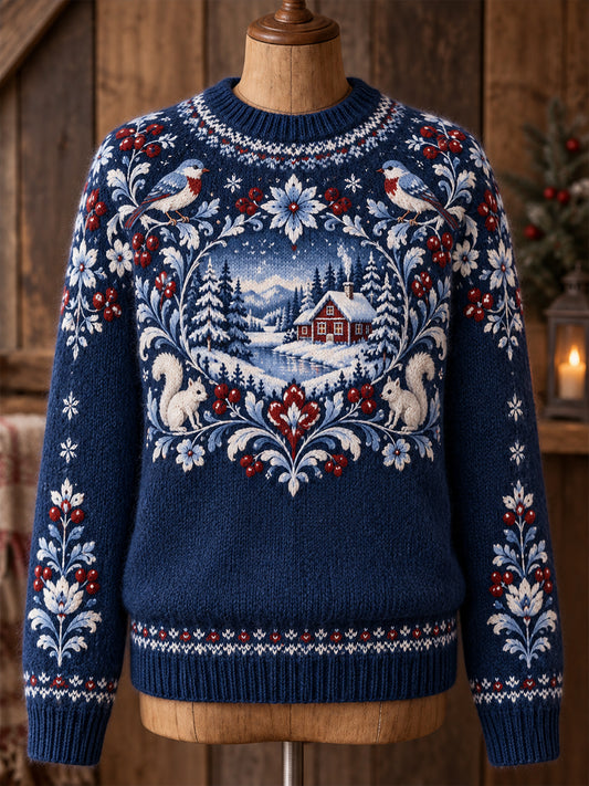 Damen-Strickpullover im nordischen Stil mit Tiermuster, Rundhalsausschnitt und langen Ärmeln
