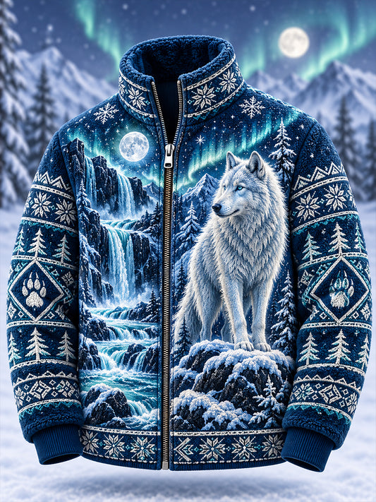 Herren-Nordic Forest Animal Print Fleece-Gelinierte Stehkragen-Jacke mit Reiß verschluss