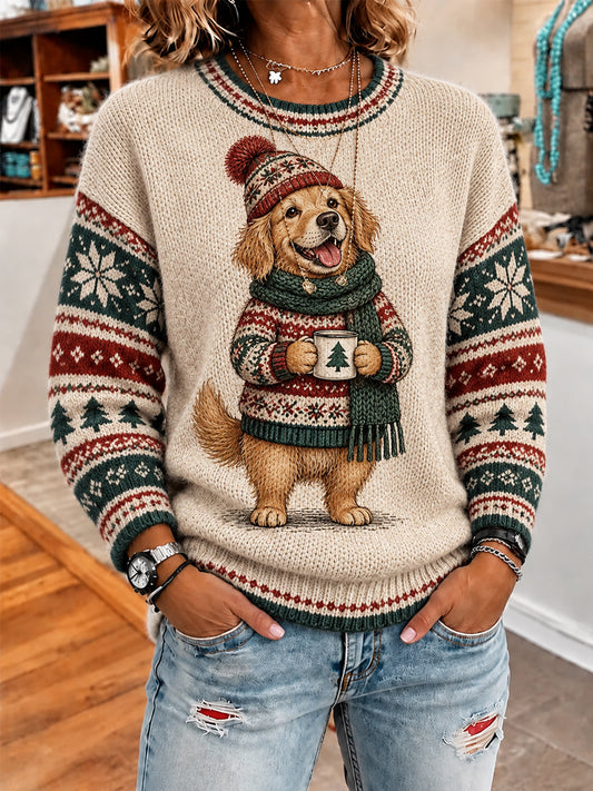 Damen-Sweater mit niedlichem Hundemuster für den Winter, lässig geschnitten