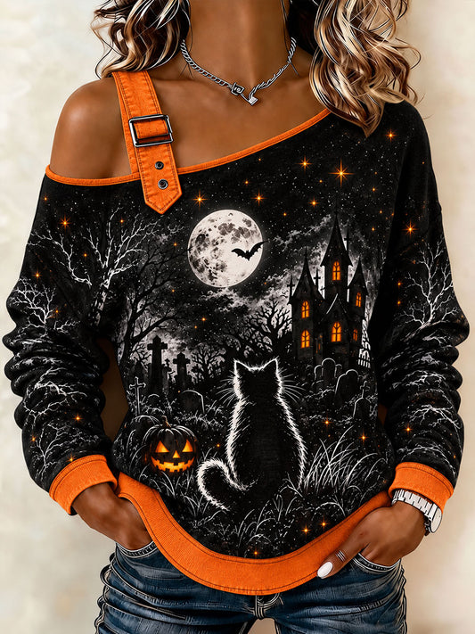Damen-Halloween-Katzen-Design-Sweatshirt mit schulterfreiem Schnitt