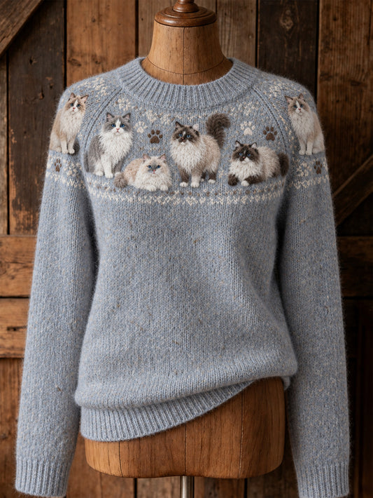 Damenpullover mit niedlichem Katzenmotiv und lässigem Raglanärmel