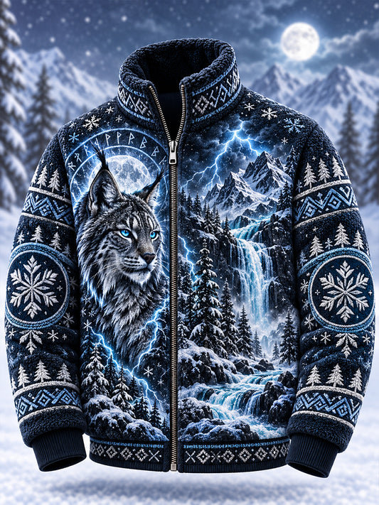 Herrenjacke mit nordischem Waldtier-Print, Fleece-Innenfutter und Stehkragen mit Reißverschluss