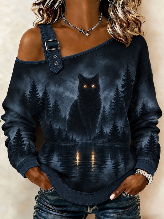 Damen-Halloween-Katzen-Design-Sweatshirt mit schulterfreiem Schnitt