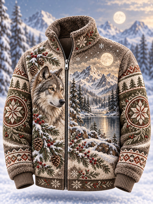 Herrenjacke mit nordischem Waldtier-Print, Fleece-Innenfutter und Stehkragen mit Reißverschluss