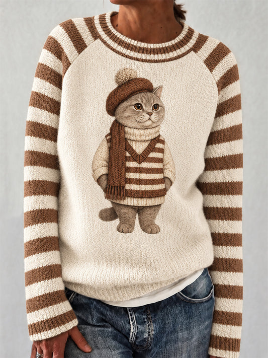 Damen niedliche Winter Katze Print Casual Pullover