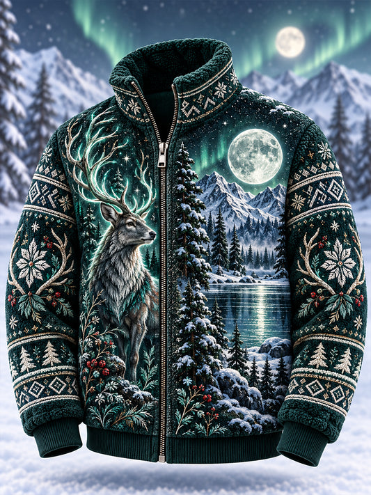 Herrenjacke mit nordischem Waldtier-Print, Fleece-Innenfutter und Stehkragen mit Reißverschluss