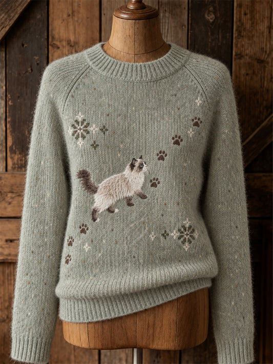 Damenpullover mit niedlichem Katzenmotiv und lässigem Raglanärmel