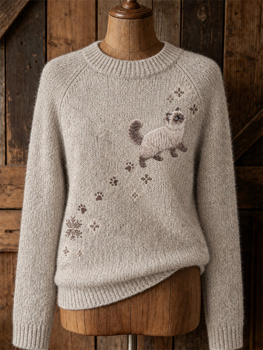 Damenpullover mit niedlichem Katzenmotiv und lässigem Raglanärmel