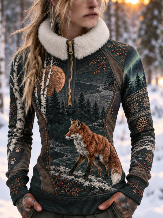 Damen-Winter-Sweatshirt mit Tiermotiven und Fleece-Futter sowie Reißverschluss