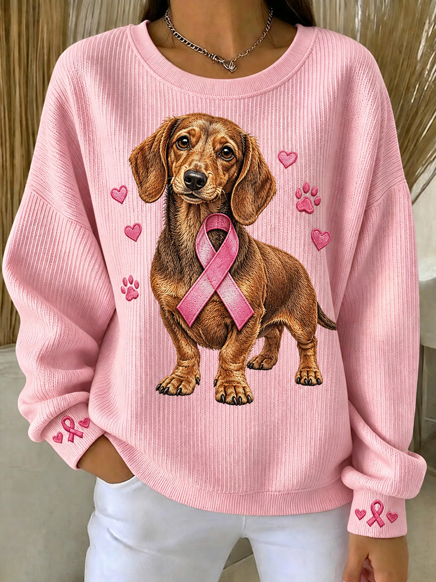 Damen-Rundhals-Sweatshirt mit rosafarbenem Band Dackel mit Hunde druck