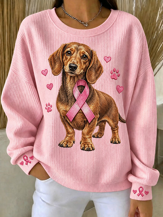 Damen-Rundhals-Sweatshirt mit rosafarbenem Band Dackel mit Hunde druck