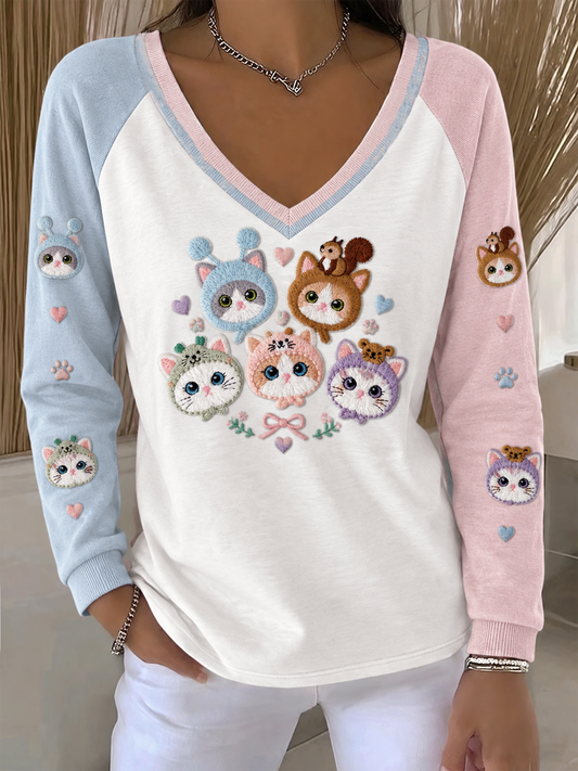 Langärmliges T-Shirt mit niedlichem Katzen druck für Damen mit gesenkten Schultern
