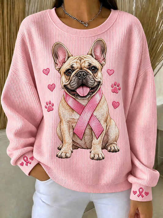 Damen Rosa Band Französische Bulldogge Print Rundhals Sweatshirt