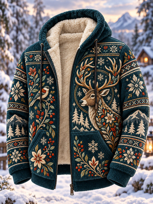 Herren-Kapuzenpullover mit Fleece-Futter und nordischem Waldtier-Design