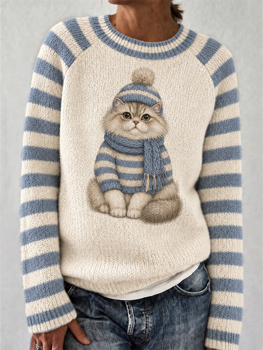 Damen-Sweater mit niedlichem Katzenmuster für den Winter, lässig geschnitten
