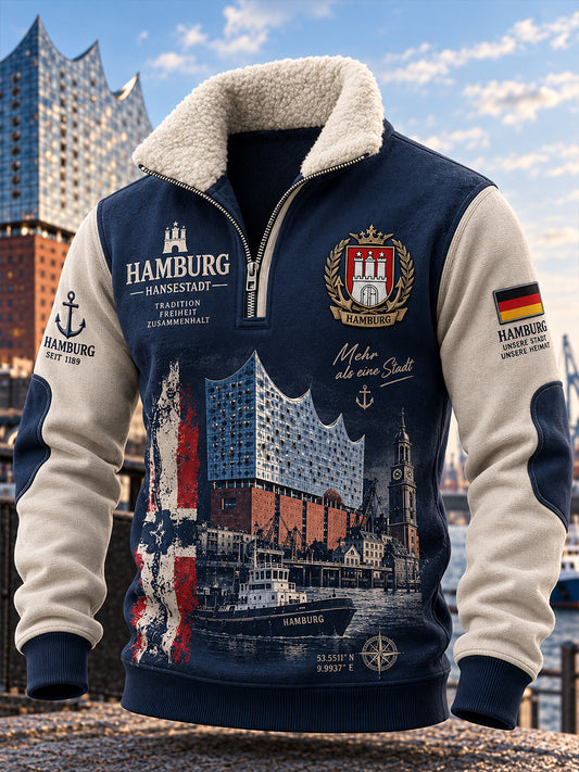 Herren-Sweatshirt mit Stehkragen und langen Ärmeln, verziert mit einem urbanen Gedenk-Graphic-Print